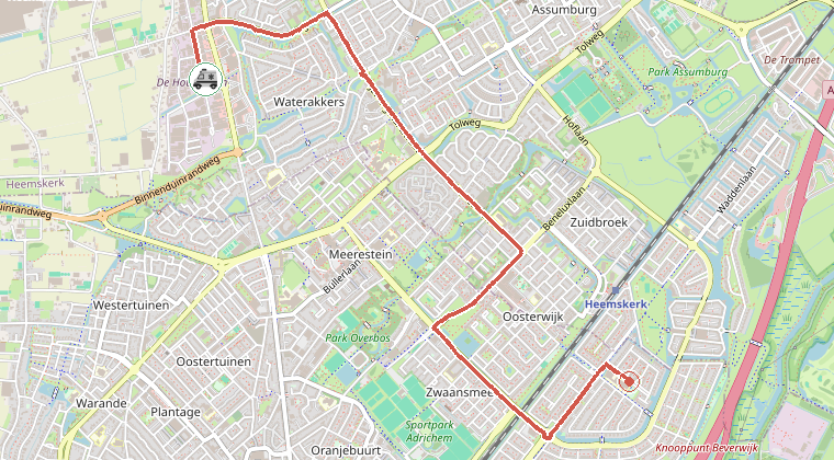 Kaart van de omgeving van de melding, met de kazerne die is gealarmeerd