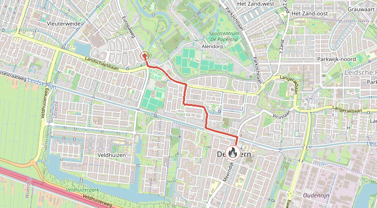 Kaart van de omgeving van de melding, met de kazerne die is gealarmeerd