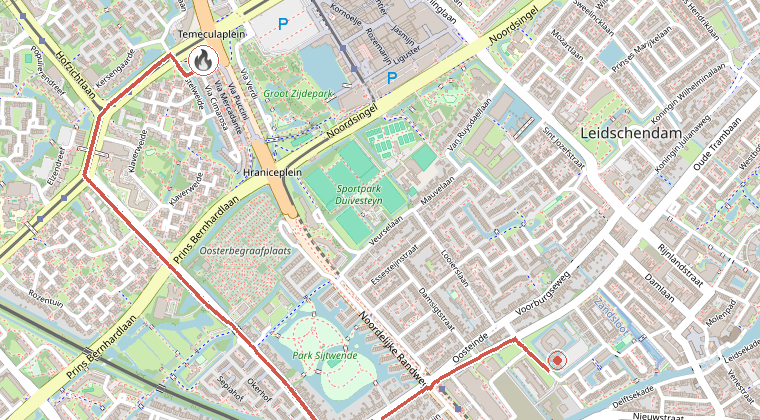 Kaart van de omgeving van de melding, met de kazerne die is gealarmeerd
