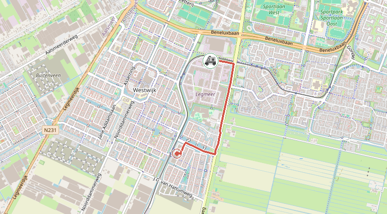 Kaart van de omgeving van de melding, met de kazerne die is gealarmeerd