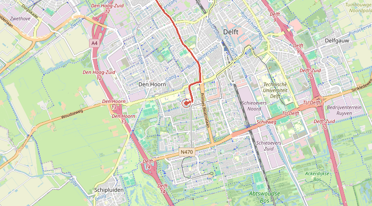 Kaart van de omgeving van de melding, met de kazerne die is gealarmeerd