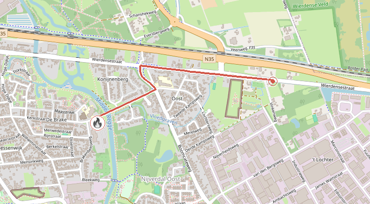 Kaart van de omgeving van de melding, met de kazerne die is gealarmeerd