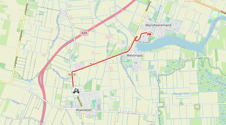 Kaart van de omgeving van de melding, met de kazerne die is gealarmeerd
