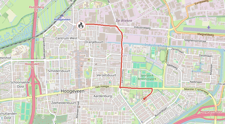Kaart van de omgeving van de melding, met de kazerne die is gealarmeerd