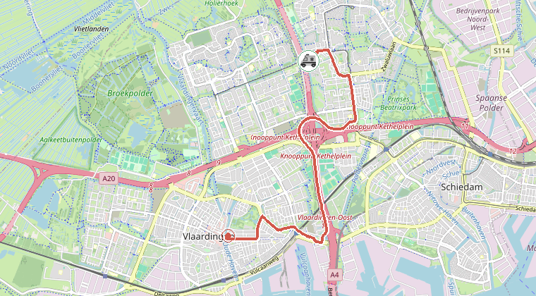 Kaart van de omgeving van de melding, met de kazerne die is gealarmeerd