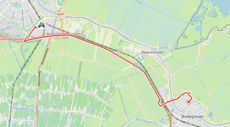 Kaart van de omgeving van de melding, met de kazerne die is gealarmeerd
