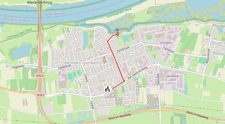 Kaart van de omgeving van de melding, met de kazerne die is gealarmeerd