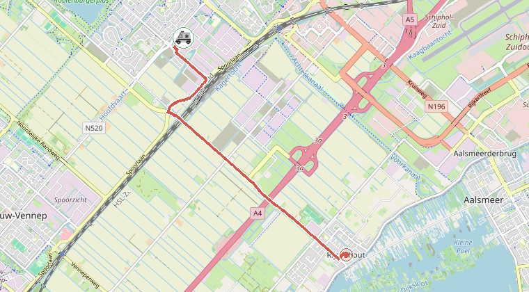 Kaart van de omgeving van de melding, met de kazerne die is gealarmeerd