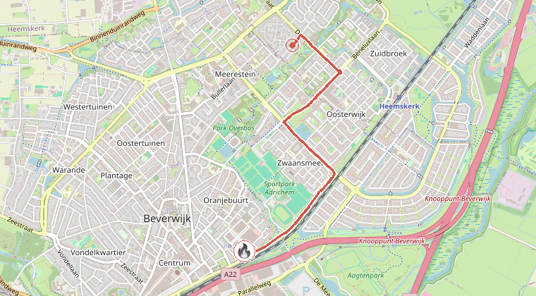 Kaart van de omgeving van de melding, met de kazerne die is gealarmeerd