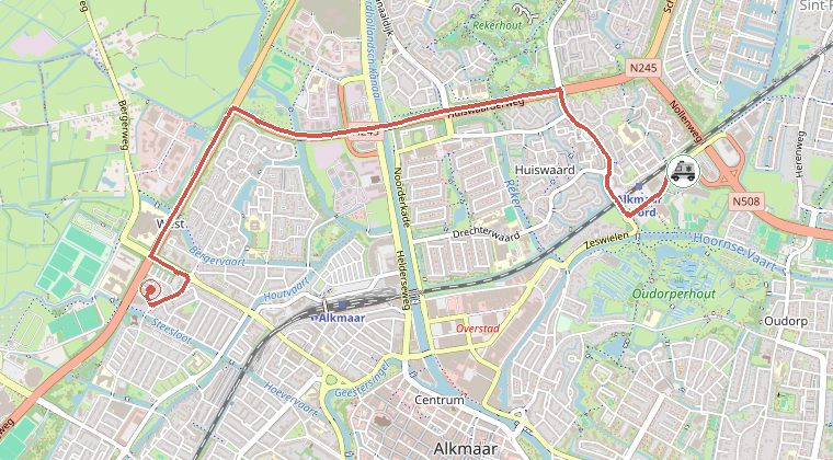 Kaart van de omgeving van de melding, met de kazerne die is gealarmeerd