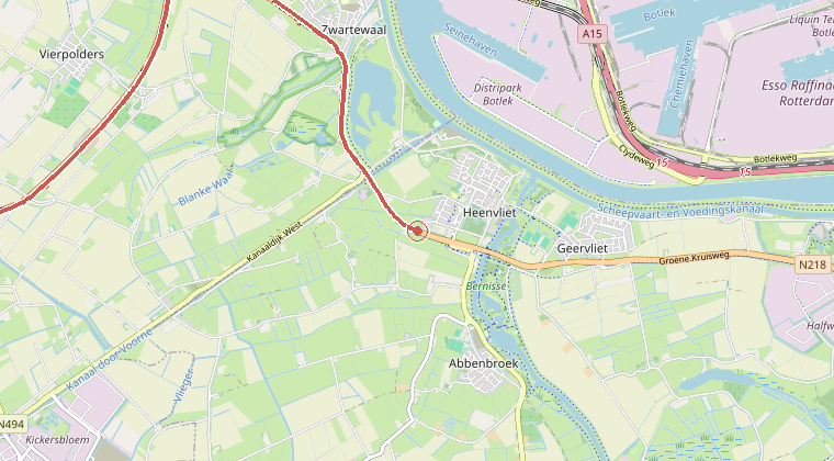 Kaart van de omgeving van de melding, met de kazerne die is gealarmeerd