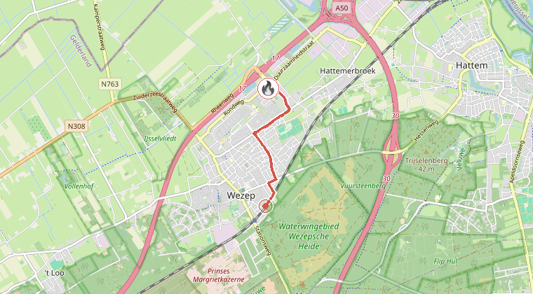 Kaart van de omgeving van de melding, met de kazerne die is gealarmeerd