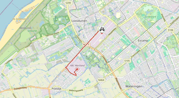 Kaart van de omgeving van de melding, met de kazerne die is gealarmeerd