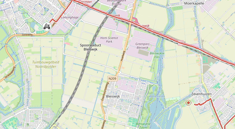 Kaart van de omgeving van de melding, met de kazerne die is gealarmeerd