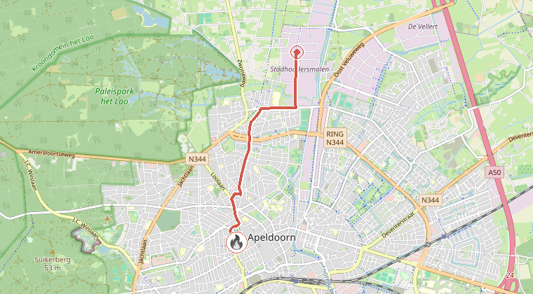 Kaart van de omgeving van de melding, met de kazerne die is gealarmeerd