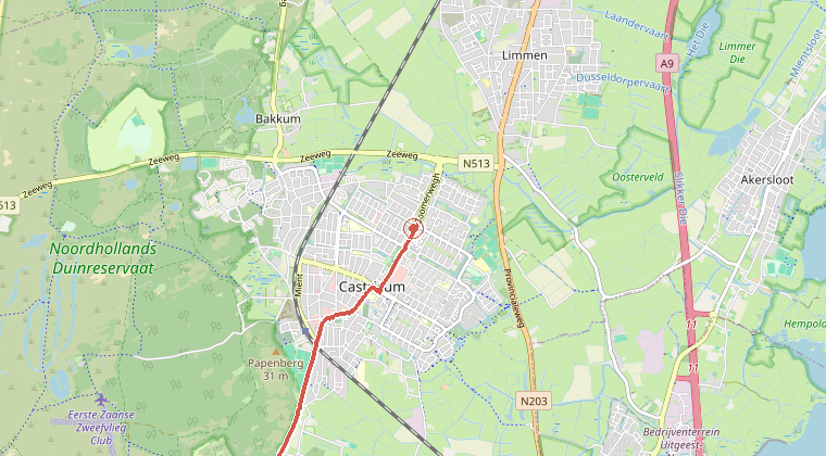 Kaart van de omgeving van de melding, met de kazerne die is gealarmeerd