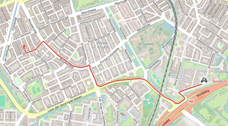 Kaart van de omgeving van de melding, met de kazerne die is gealarmeerd