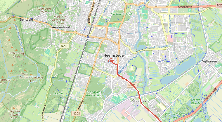Kaart van de omgeving van de melding, met de kazerne die is gealarmeerd