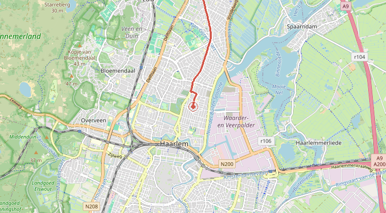 Kaart van de omgeving van de melding, met de kazerne die is gealarmeerd