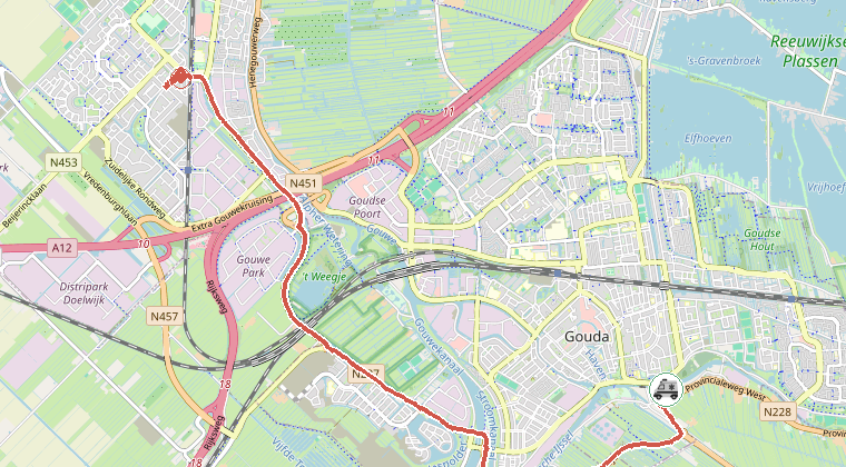Kaart van de omgeving van de melding, met de kazerne die is gealarmeerd