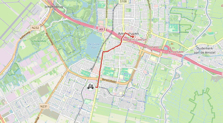 Kaart van de omgeving van de melding, met de kazerne die is gealarmeerd