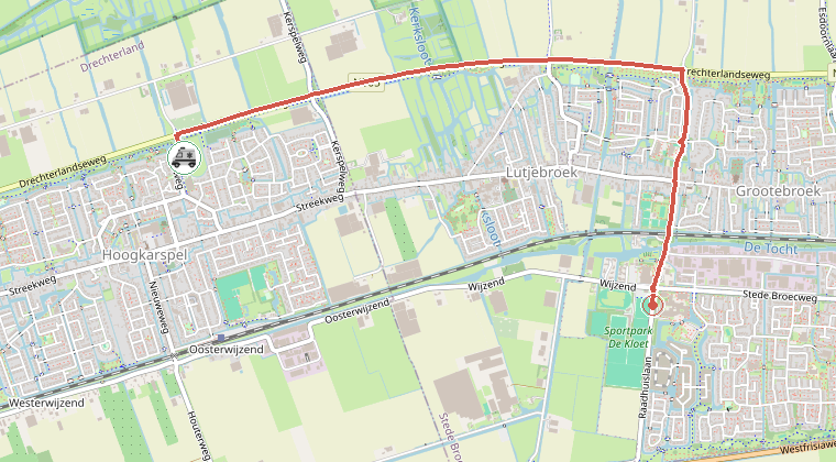 Kaart van de omgeving van de melding, met de kazerne die is gealarmeerd