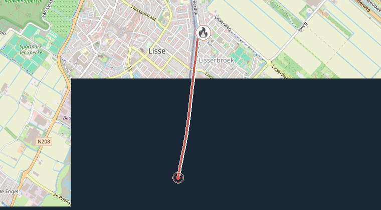 Kaart van de omgeving van de melding, met de kazerne die is gealarmeerd