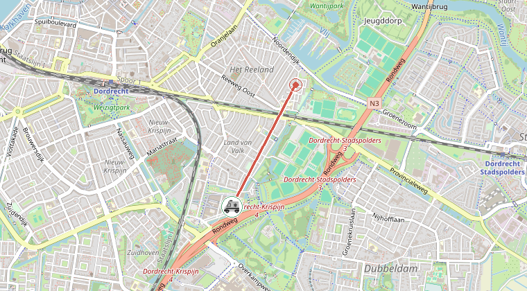 Kaart van de omgeving van de melding, met de kazerne die is gealarmeerd