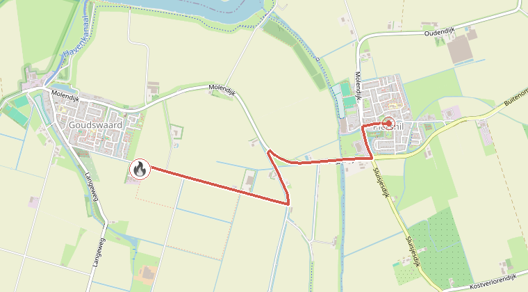 Kaart van de omgeving van de melding, met de kazerne die is gealarmeerd