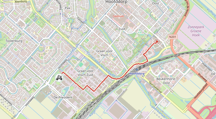 Kaart van de omgeving van de melding, met de kazerne die is gealarmeerd