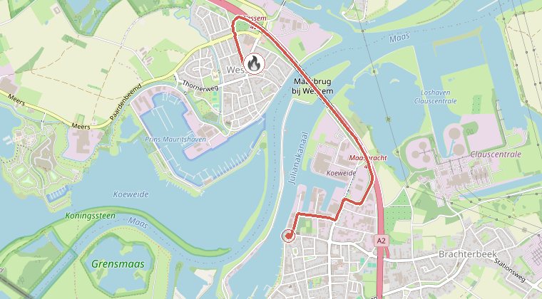 Kaart van de omgeving van de melding, met de kazerne die is gealarmeerd