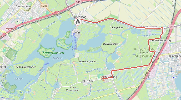 Kaart van de omgeving van de melding, met de kazerne die is gealarmeerd
