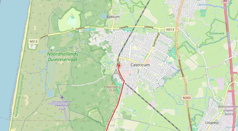 Kaart van de omgeving van de melding, met de kazerne die is gealarmeerd