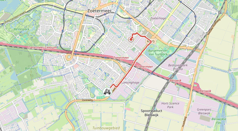 Kaart van de omgeving van de melding, met de kazerne die is gealarmeerd