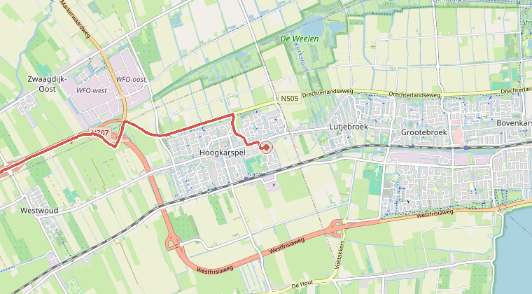 Kaart van de omgeving van de melding, met de kazerne die is gealarmeerd