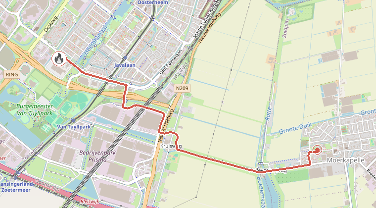 Kaart van de omgeving van de melding, met de kazerne die is gealarmeerd