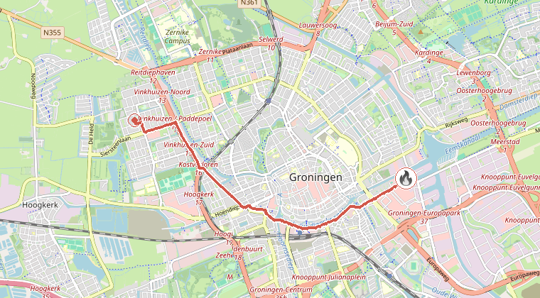 Kaart van de omgeving van de melding, met de kazerne die is gealarmeerd