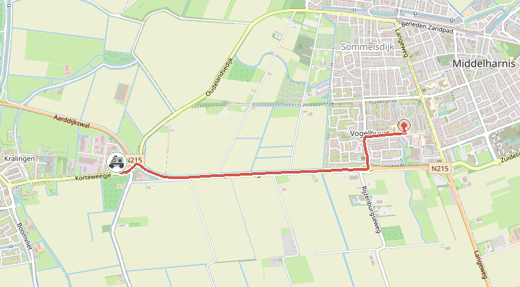 Kaart van de omgeving van de melding, met de kazerne die is gealarmeerd