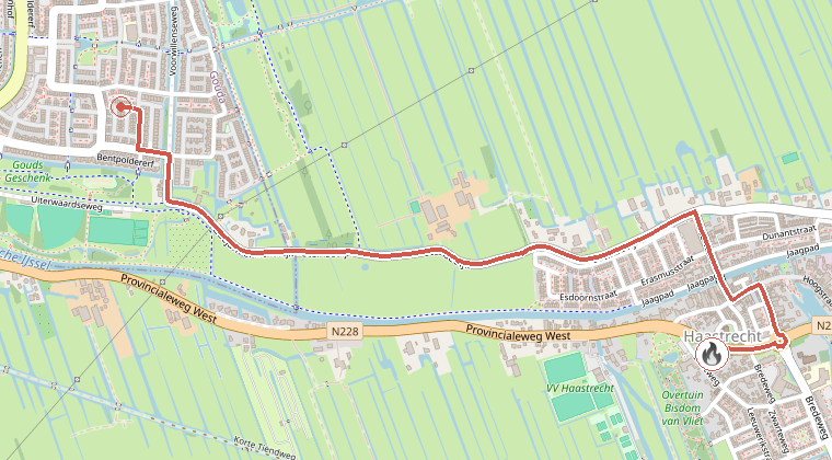 Kaart van de omgeving van de melding, met de kazerne die is gealarmeerd