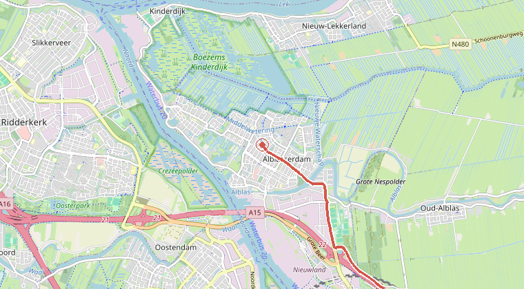 Kaart van de omgeving van de melding, met de kazerne die is gealarmeerd