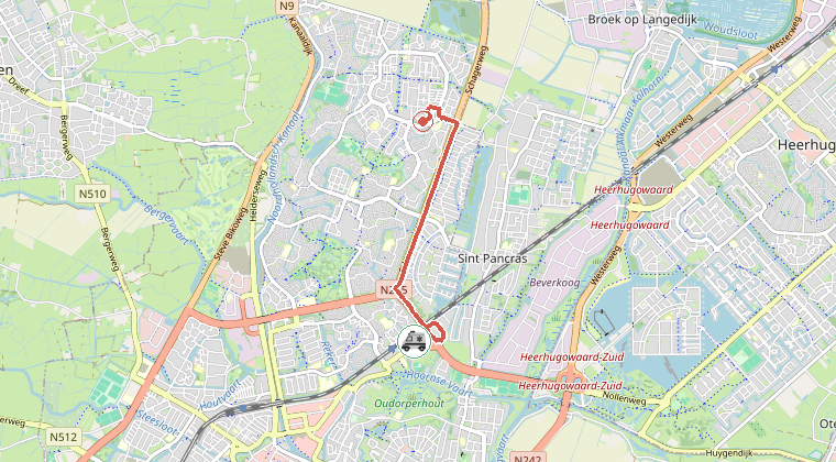 Kaart van de omgeving van de melding, met de kazerne die is gealarmeerd