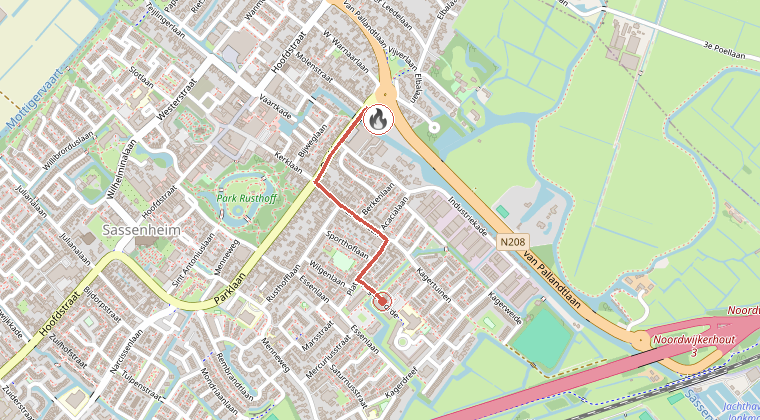 Kaart van de omgeving van de melding, met de kazerne die is gealarmeerd