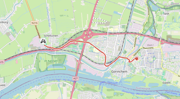 Kaart van de omgeving van de melding, met de kazerne die is gealarmeerd