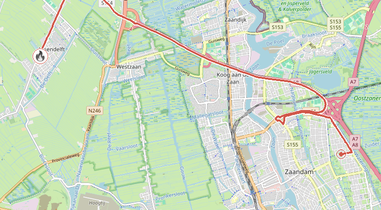 Kaart van de omgeving van de melding, met de kazerne die is gealarmeerd