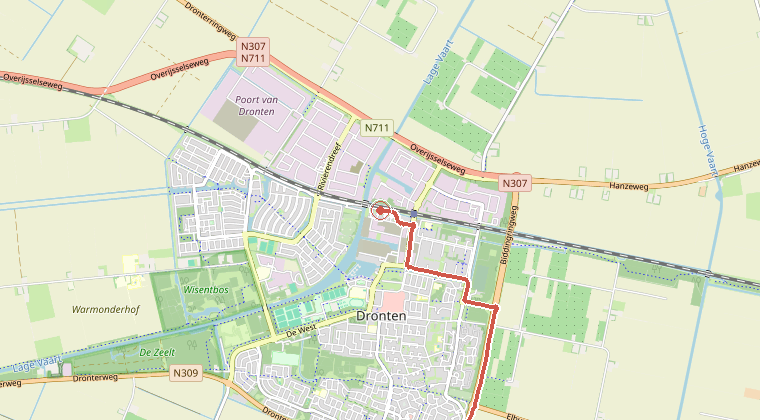 Kaart van de omgeving van de melding, met de kazerne die is gealarmeerd