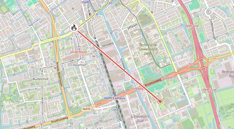 Kaart van de omgeving van de melding, met de kazerne die is gealarmeerd
