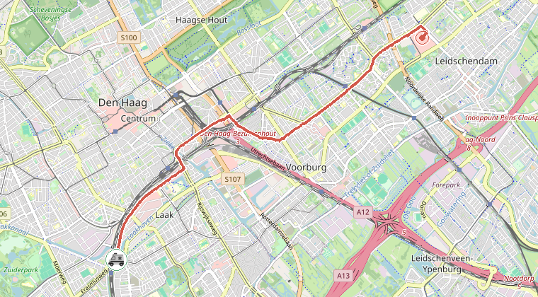 Kaart van de omgeving van de melding, met de kazerne die is gealarmeerd