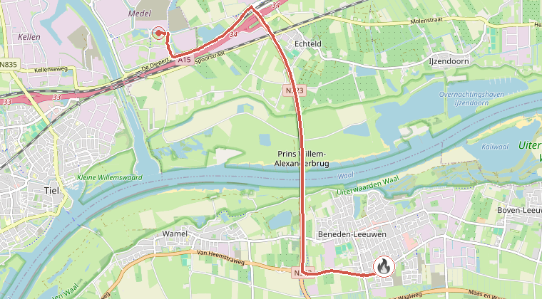 Kaart van de omgeving van de melding, met de kazerne die is gealarmeerd