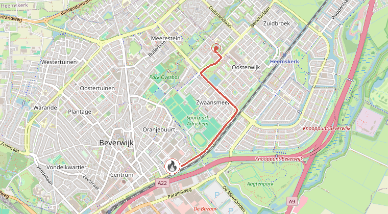 Kaart van de omgeving van de melding, met de kazerne die is gealarmeerd