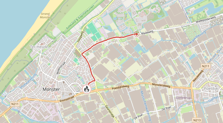 Kaart van de omgeving van de melding, met de kazerne die is gealarmeerd